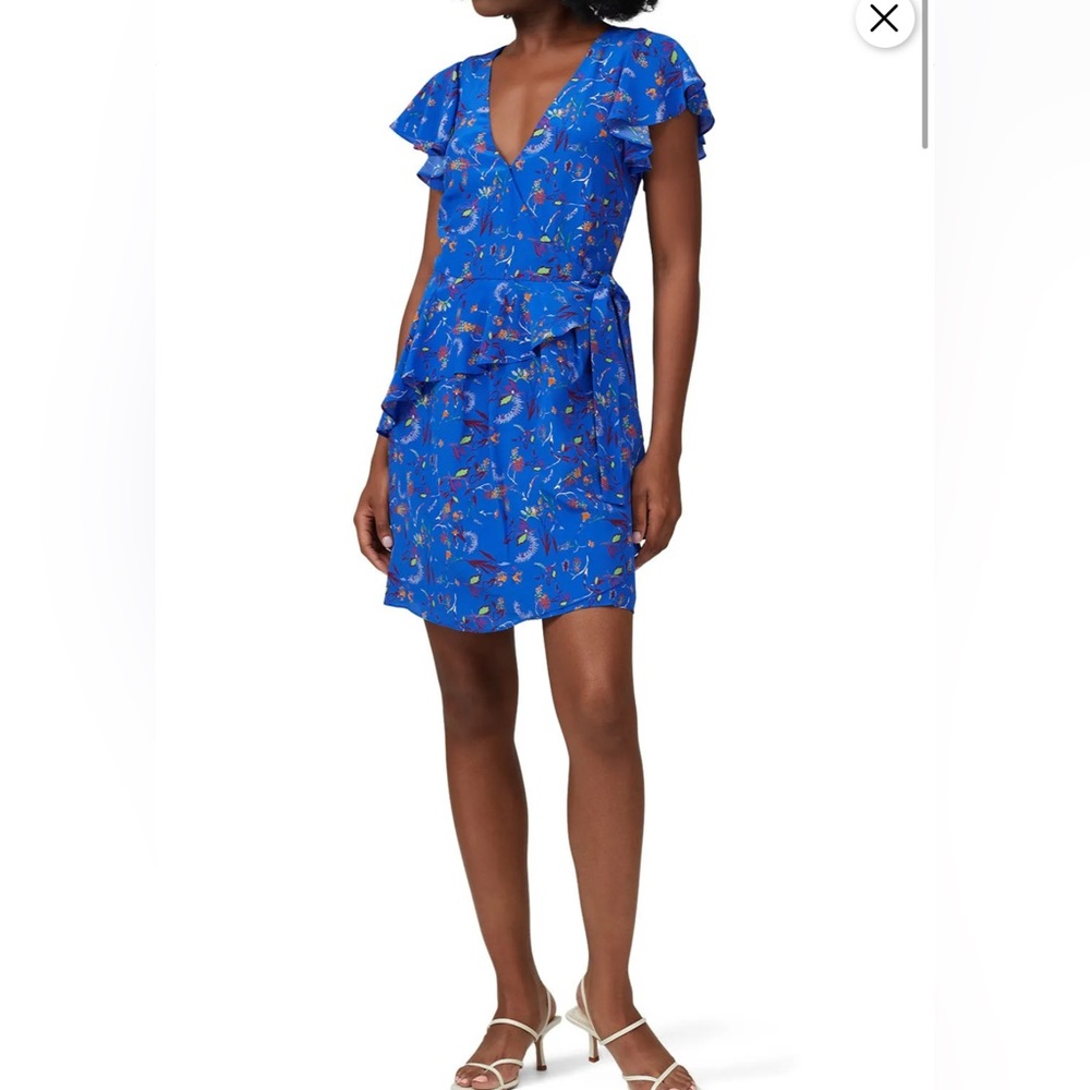 Tanya Taylor Womens  Madelina  Silk Wrap Dress Size 8 Blue Floral Print Ruffles